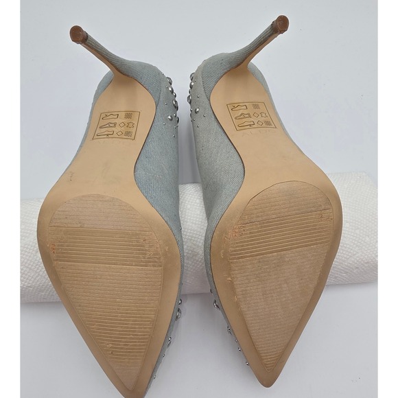 Aldo Light Wash Denim Rhinestone Studded Pointed Toe Stiletto Pumps Size 8.5 - Picture 6 of 9